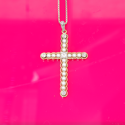 Antikschmuck Kreuz Perl Brillant Anhänger mit Kette 585er Weissgold Gelbgold um 1900