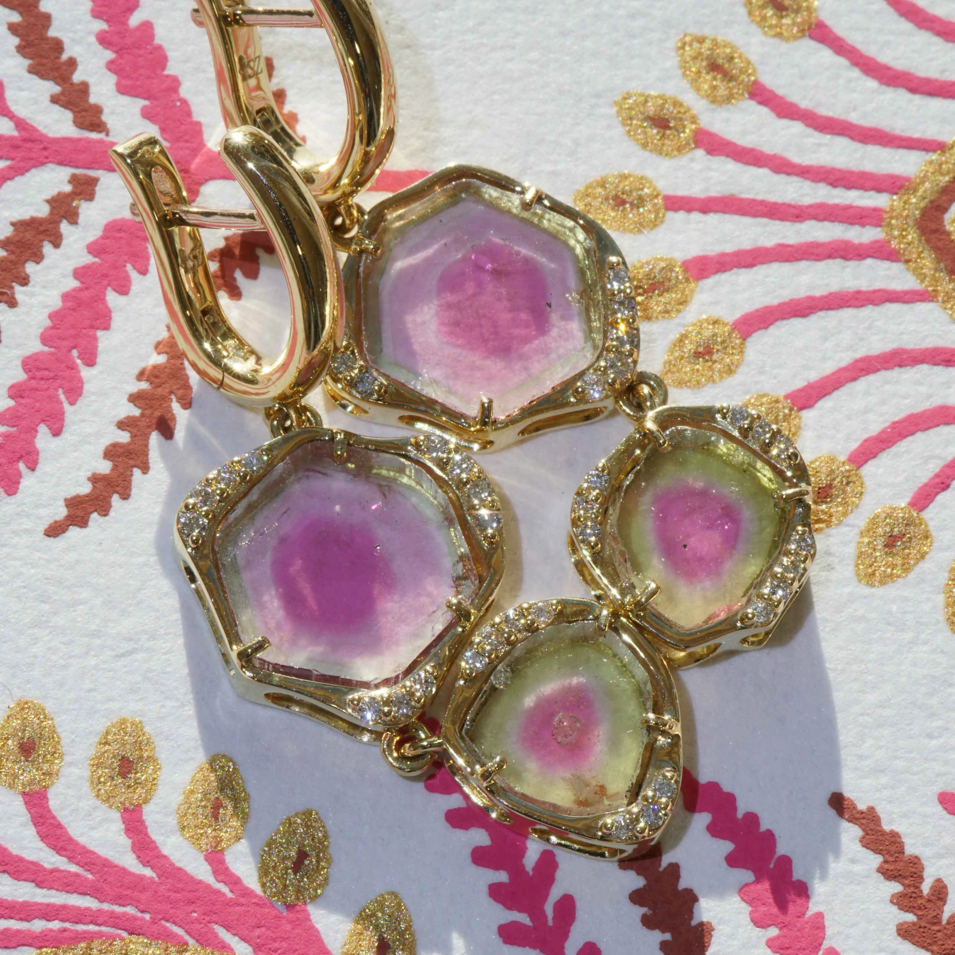 Turmalin Brillant 30 ct Wassermelonen Set Ring Anhänger Ohrhänger 750er Gelbgold