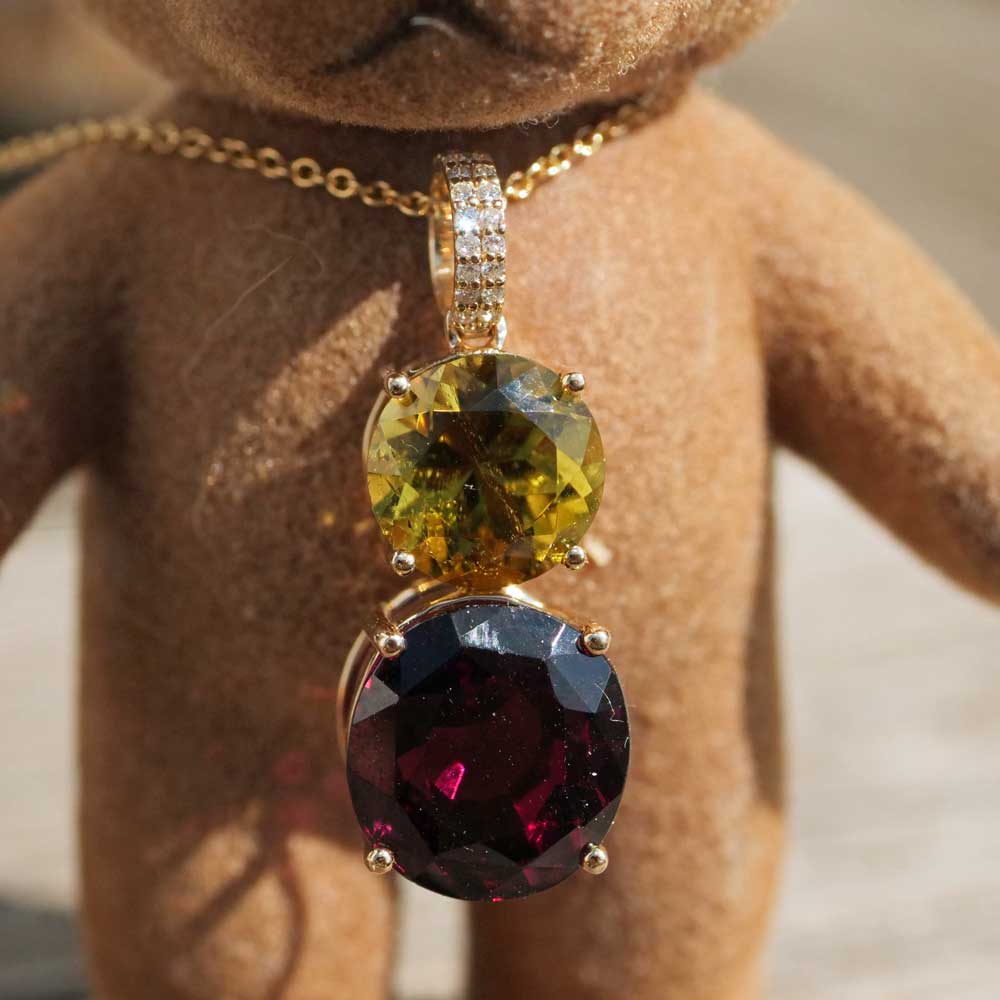 Canaryturmalin Rhodolith Brillant Anhänger 585er Gelbgold gelb rot ....farbengewaltiges Granat Turmalin Duett