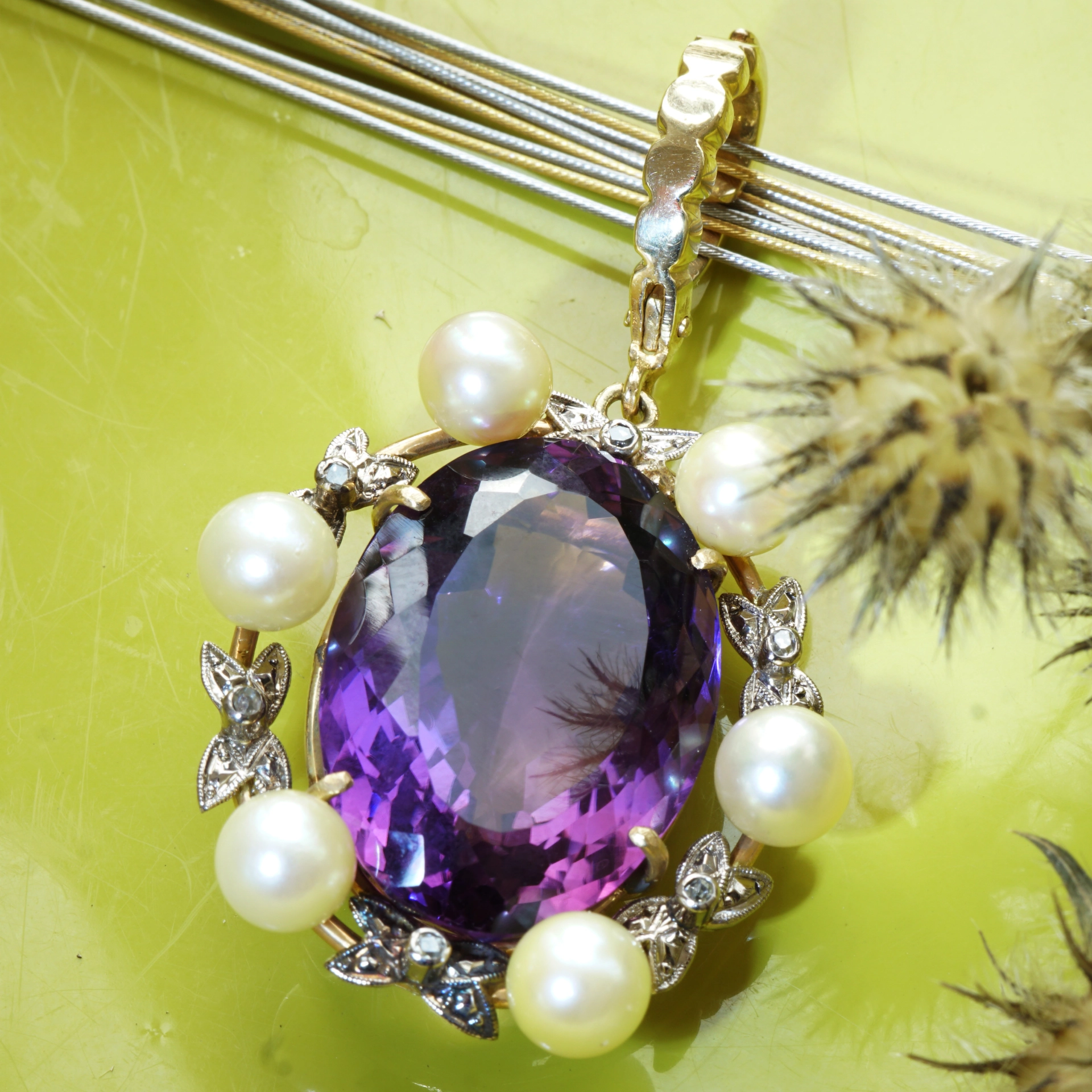 Akoya Zuchtperl Amethyst Diamant Anhänger Clip 585er Gelbgold Retro Stil TOP Amethyst