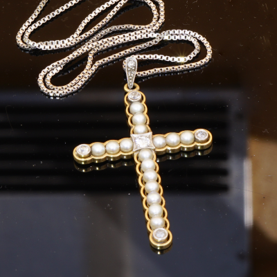 Antikschmuck Kreuz Perl Brillant Anhänger mit Kette 585er Weissgold Gelbgold um 1900