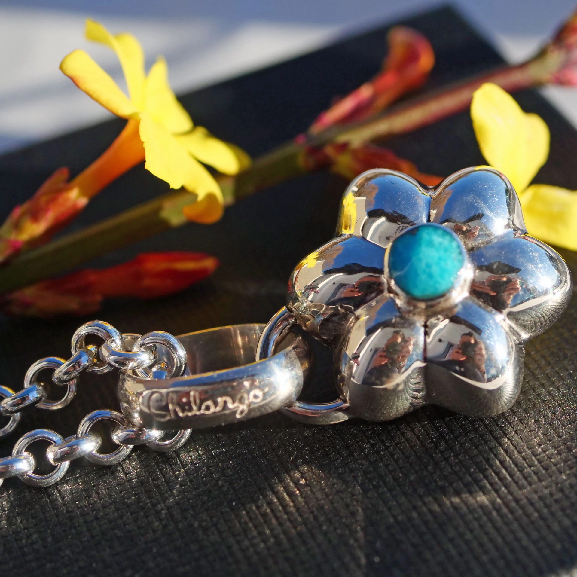 Original Chilango Anhänger Spring Flower mit türkiser Emaille 925er Silber