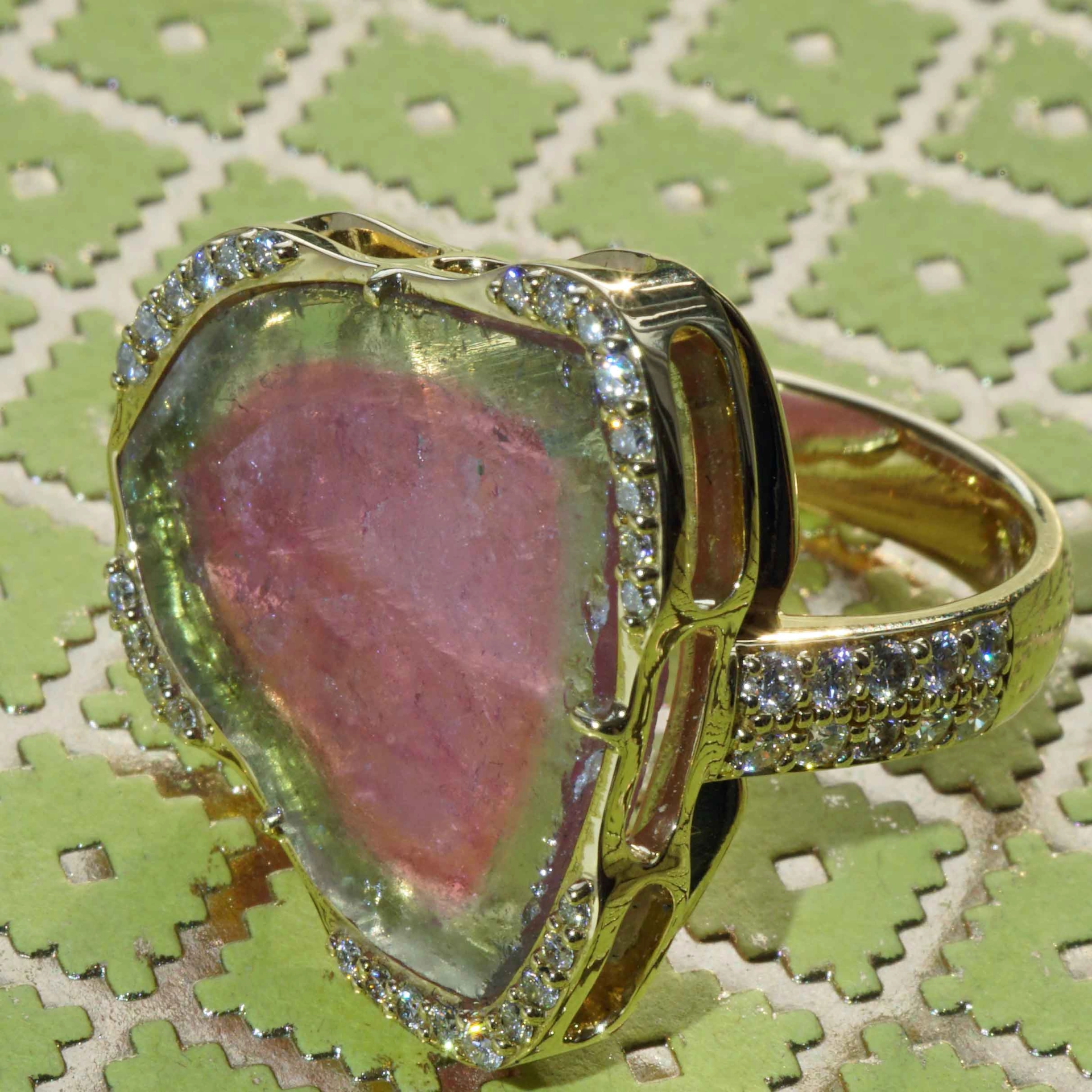 Turmalin Brillant 30 ct Wassermelonen Set Ring Anhänger Ohrhänger 750er Gelbgold