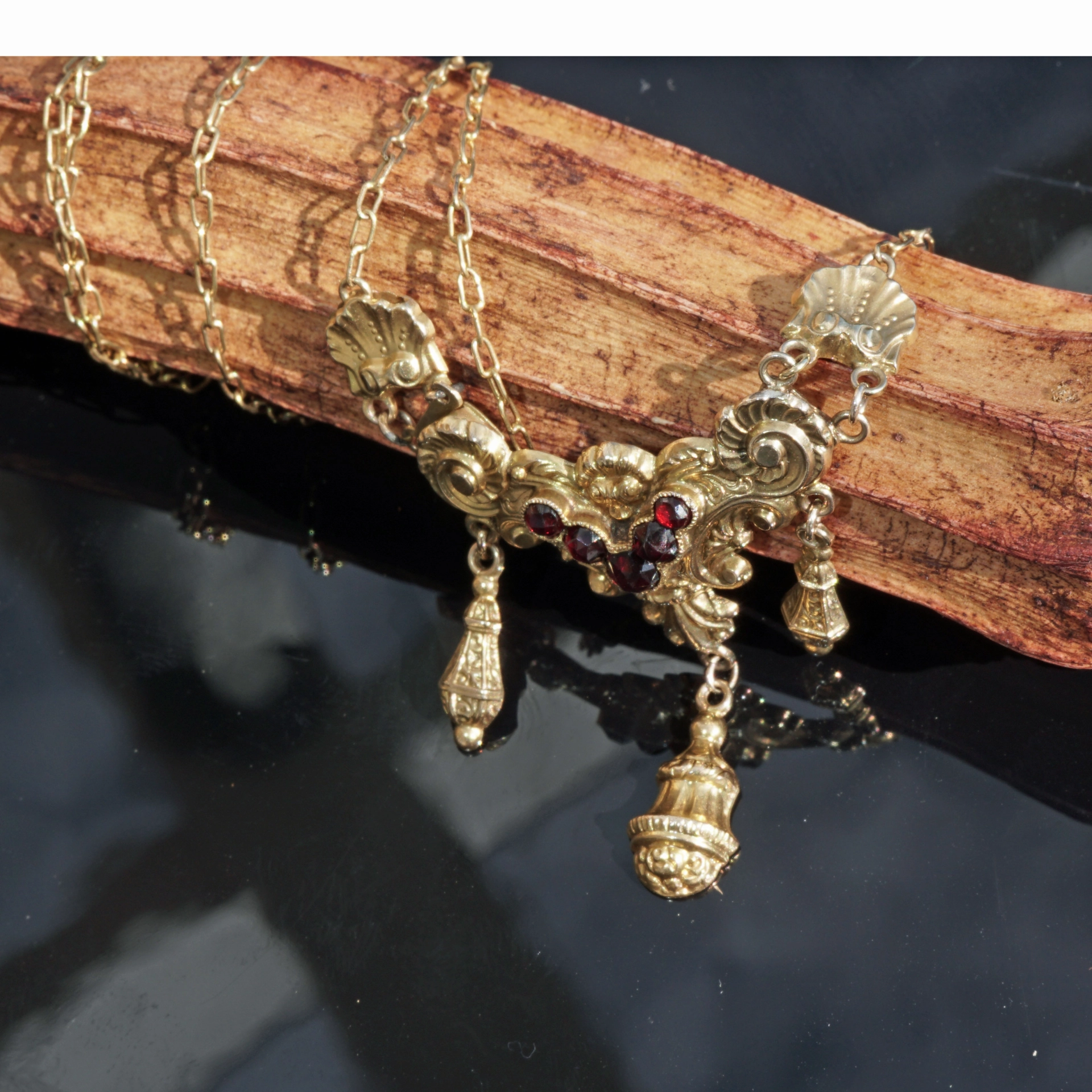 Biedermeier Collier um 1840 Walzgold auf Silber mit Kette in 585er Gelbgold Karfunkelmania