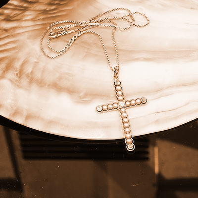 Antikschmuck Kreuz Perl Brillant Anhänger mit Kette 585er Weissgold Gelbgold um 1900
