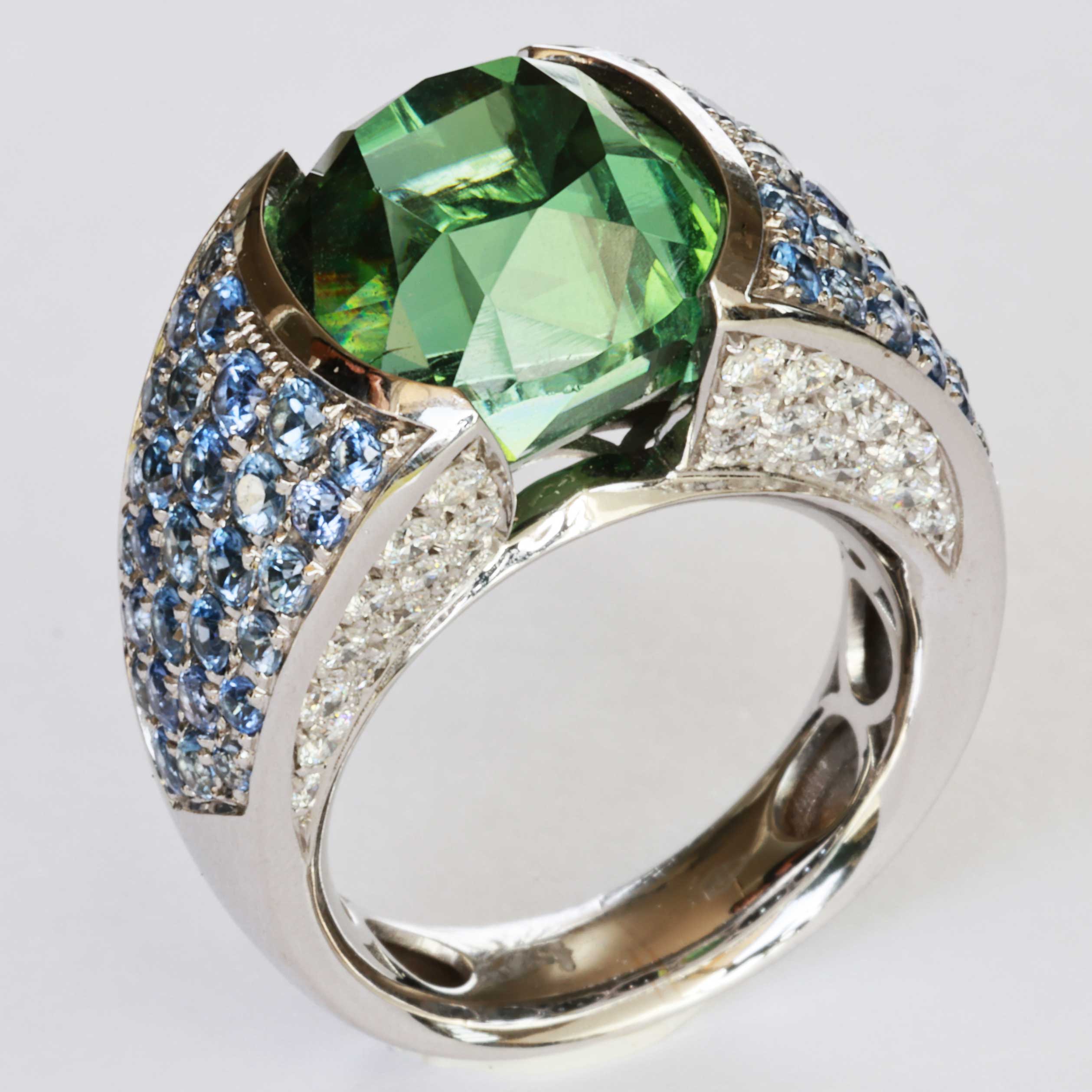 Lagoon Green Turmalin Saphir Brillant Ring 750er Weissgold Afghanistan 12.56 ct AAA+