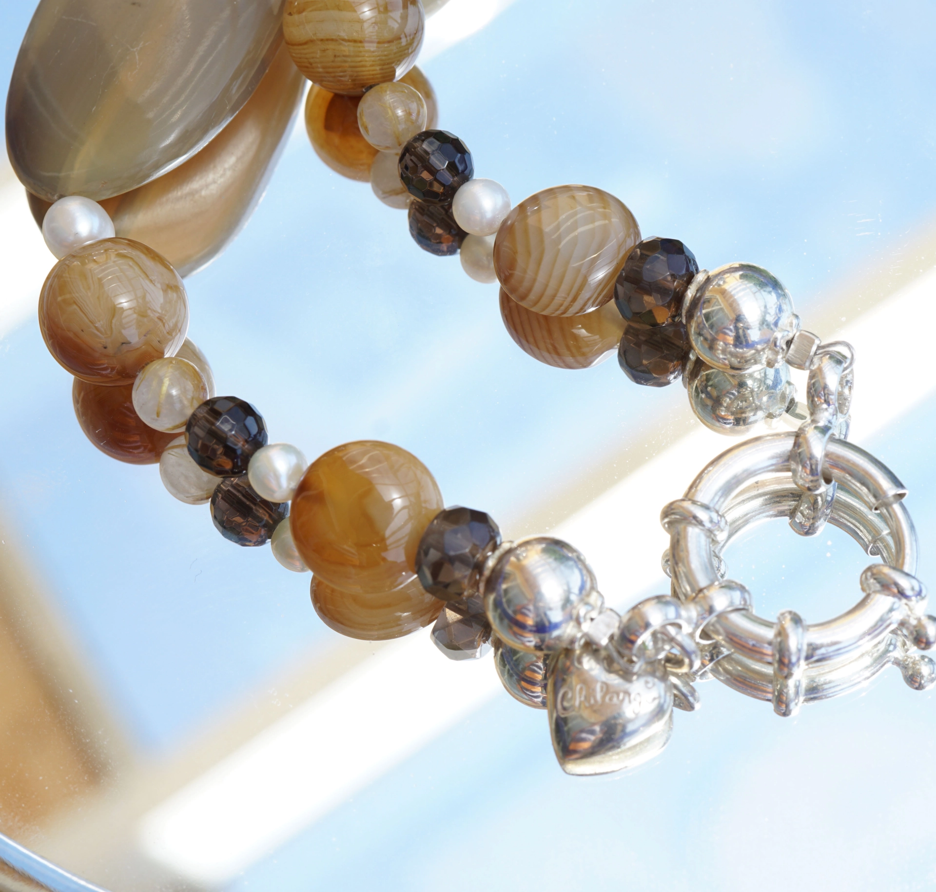 Chilango Kette Out of Nature Legends 100 925er Silber Horn Achat Perlen Rauchquarz Rutilquarz