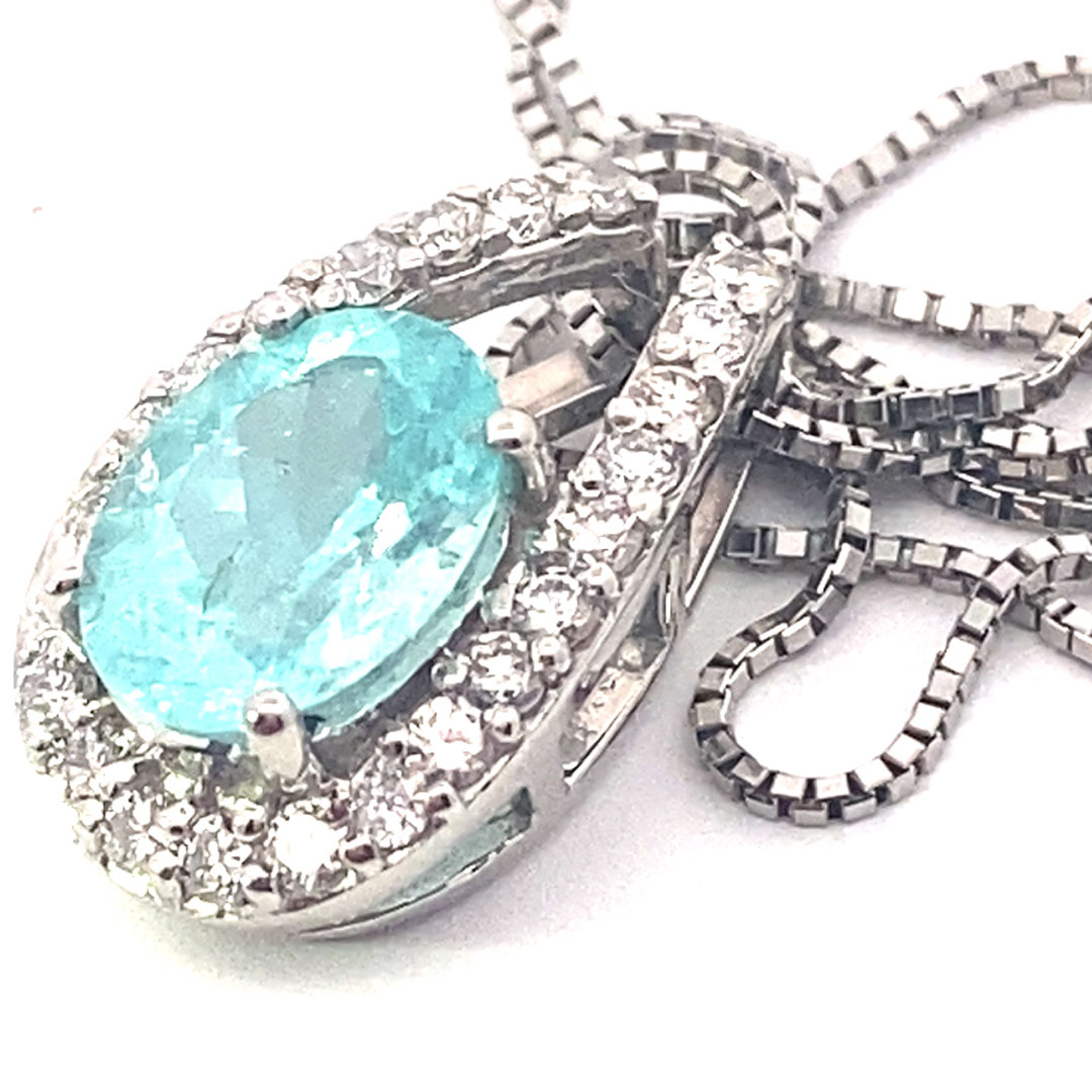 Paraiba Turmalin Anhänger in 900er Platin mit Kette 1.22 ct 0.28 ct leuchtendes Schwimmbadtürkisblau