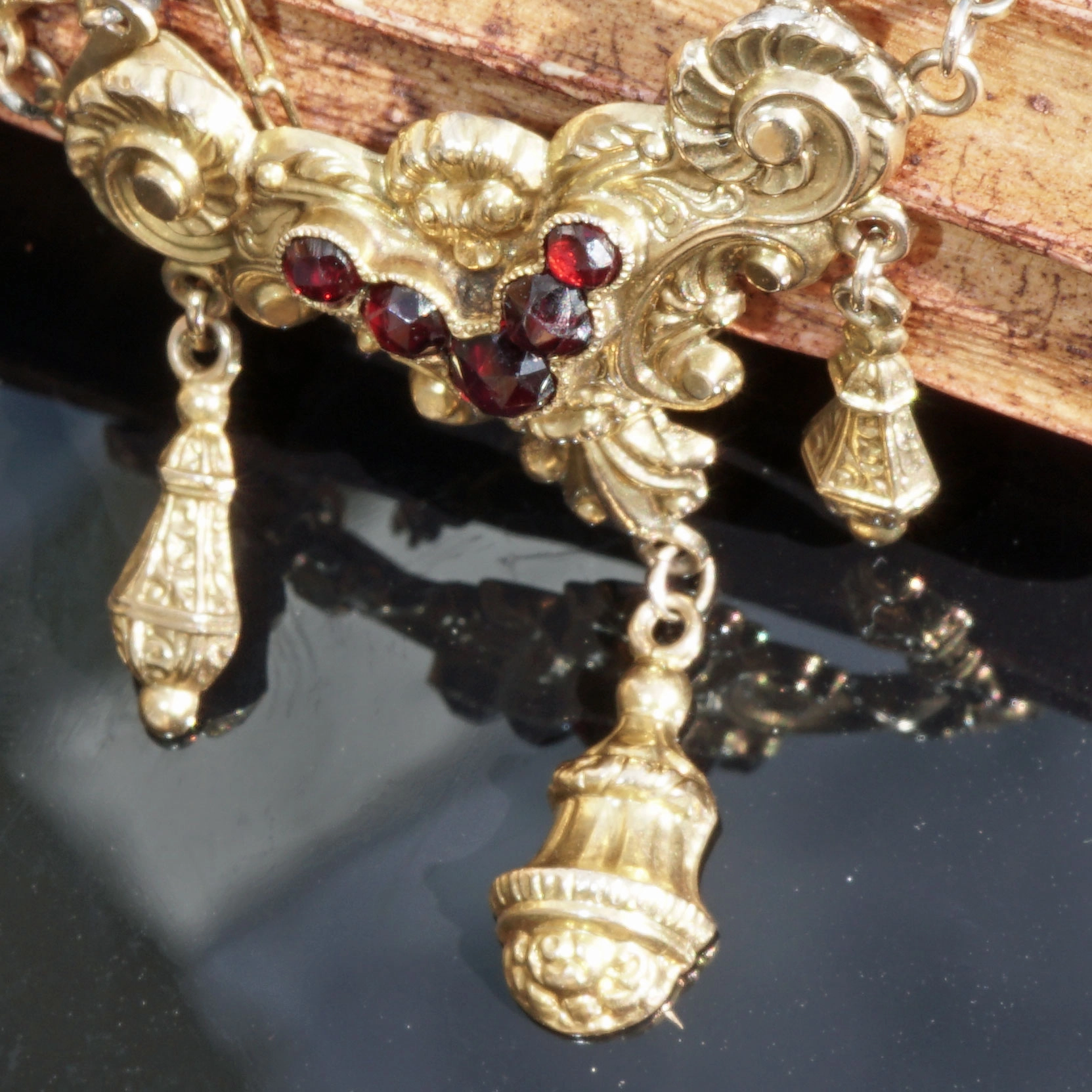 Biedermeier Collier um 1840 Walzgold auf Silber mit Kette in 585er Gelbgold Karfunkelmania