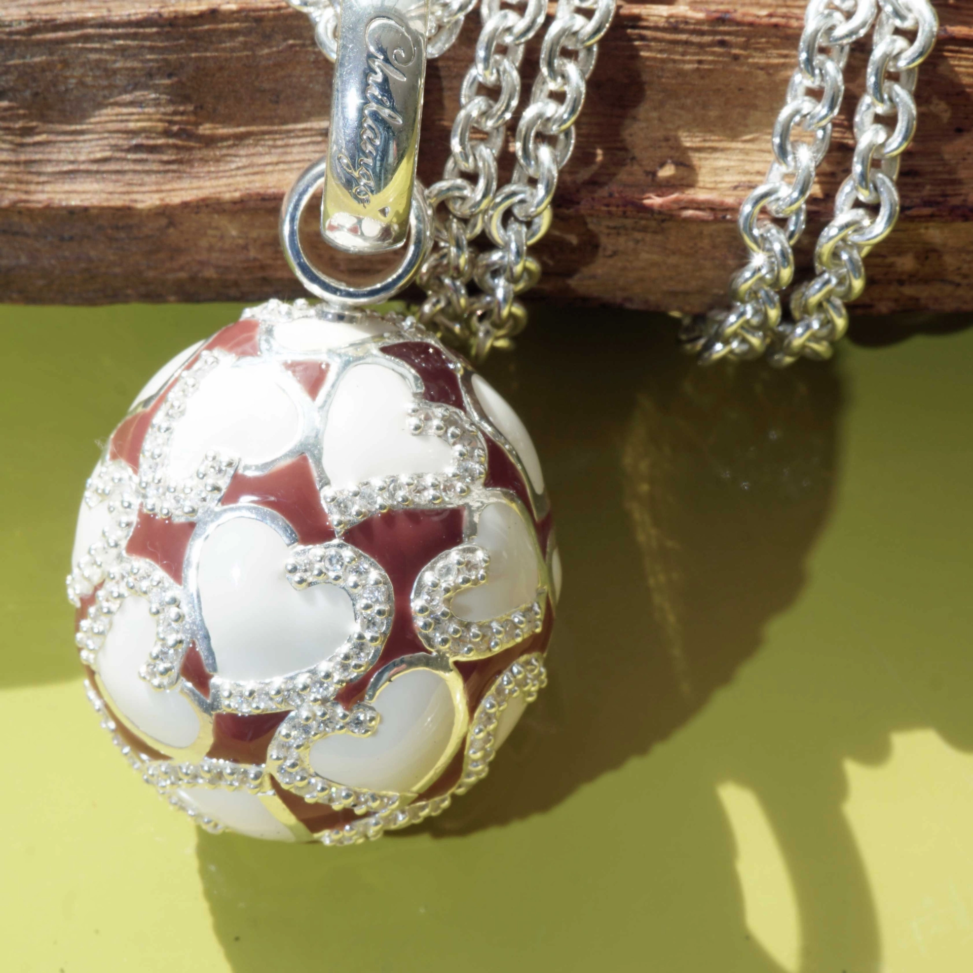 Original Chilango Anhänger im Stil Faberge Emaille Heart rot-braun 925er Silber mit Steinbesatz