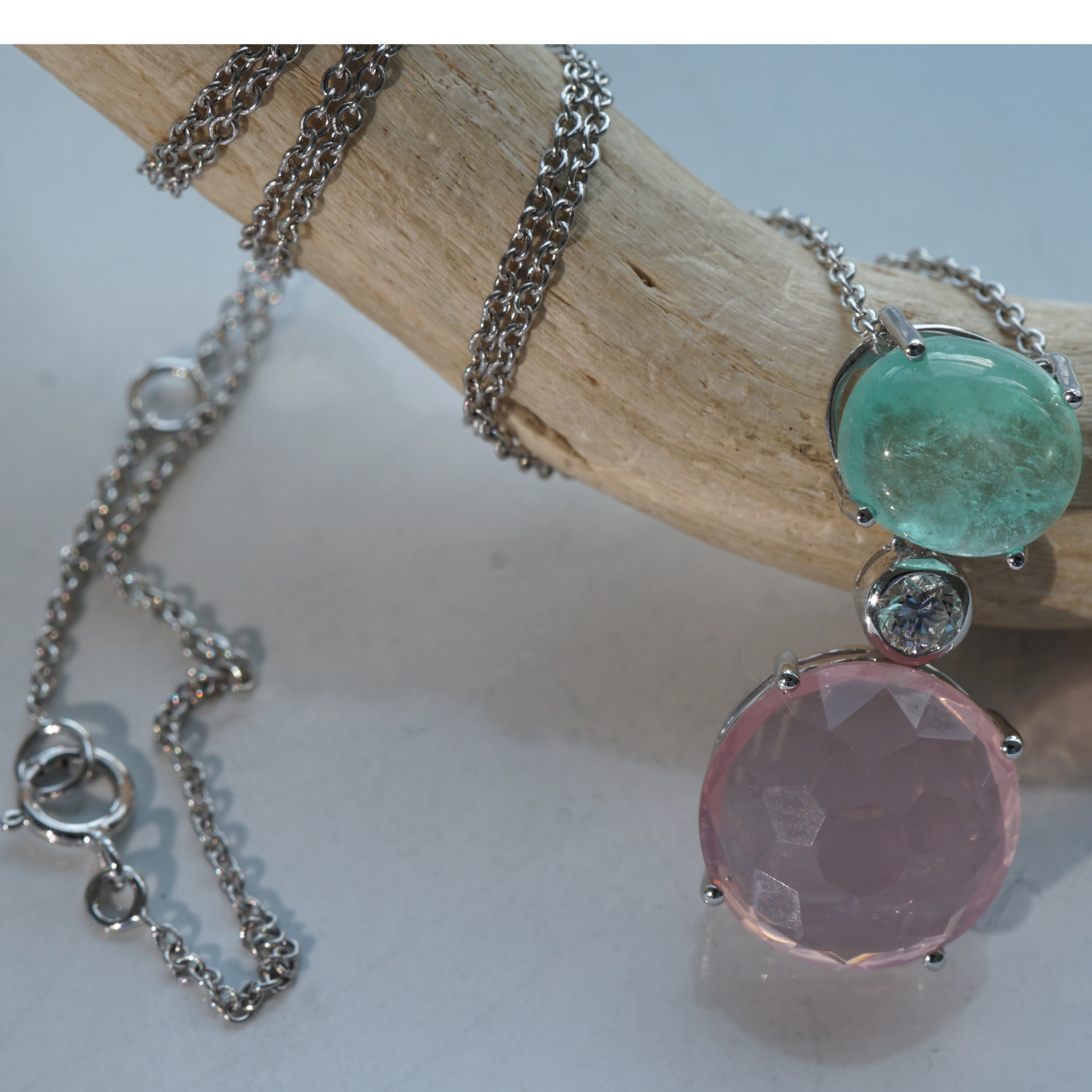 Smaragd Rosenquarz Brillant Anhänger mit Kette 750er Weissgold ...romantic story