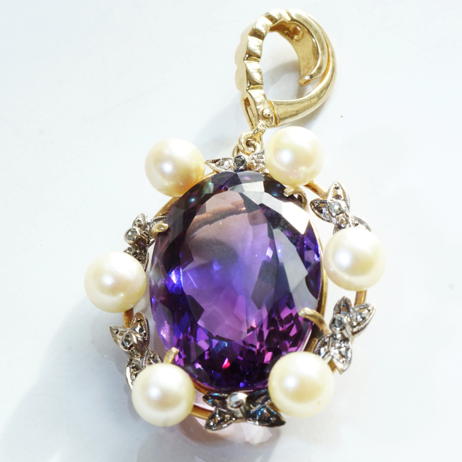 Akoya Zuchtperl Amethyst Diamant Anhänger Clip 585er Gelbgold Retro Stil TOP Amethyst