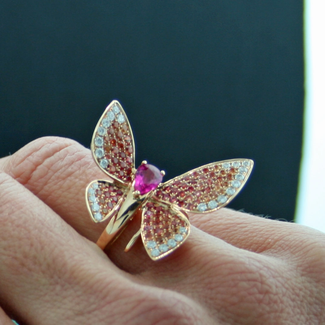 Edle Tierkunst! Schmetterling Turmalin/Saphir/Brillant Ring 750er Gold