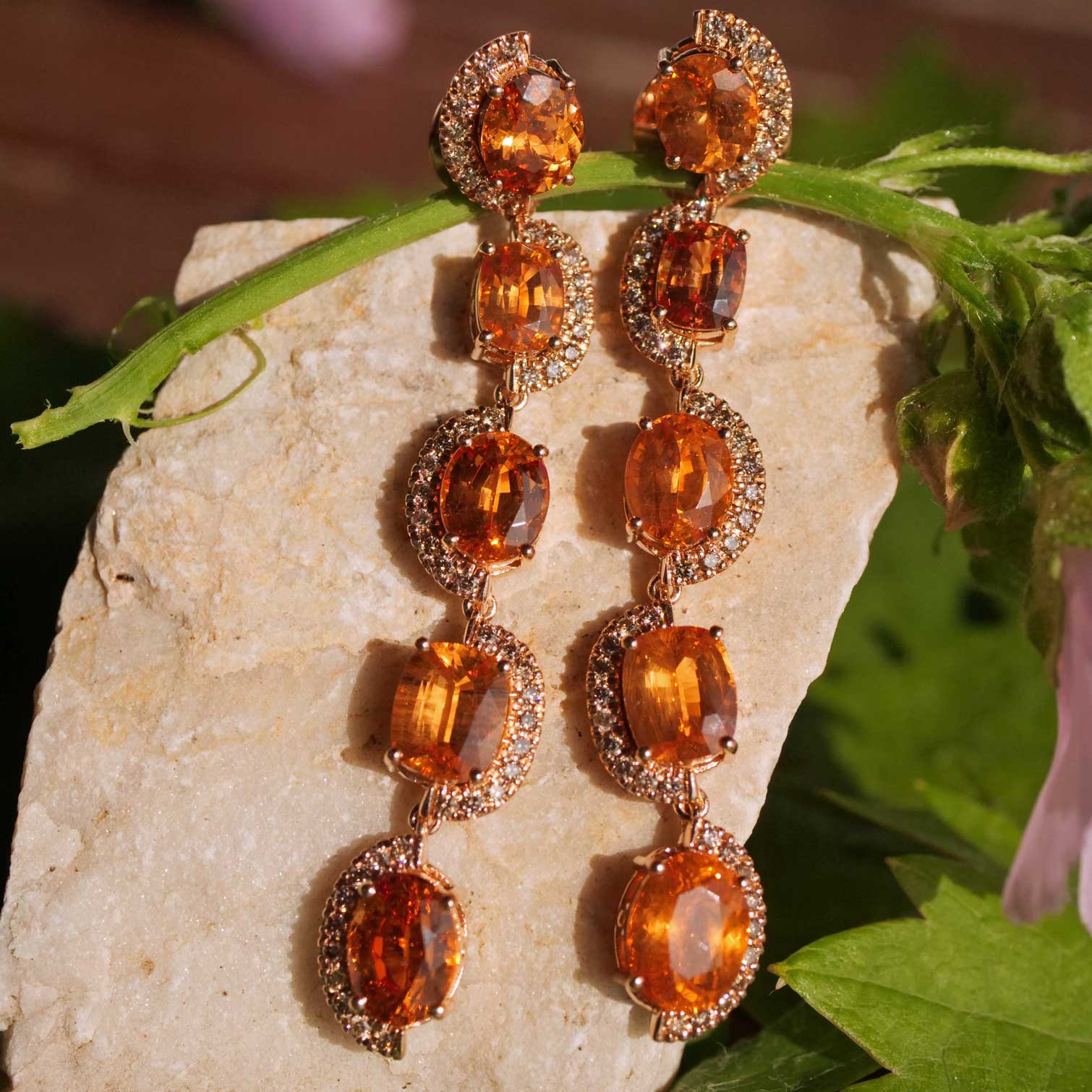 Seltene Mandarin Granat Brillant Chandelier Ohrhänger  750er Rosegold 14.85 ct 0.76 ct Ausnahmefarbe Fanta Orange 