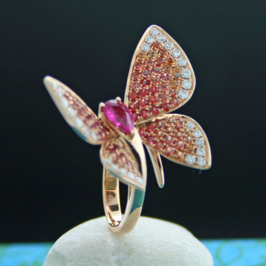 Edle Tierkunst! Schmetterling Turmalin/Saphir/Brillant Ring 750er Gold