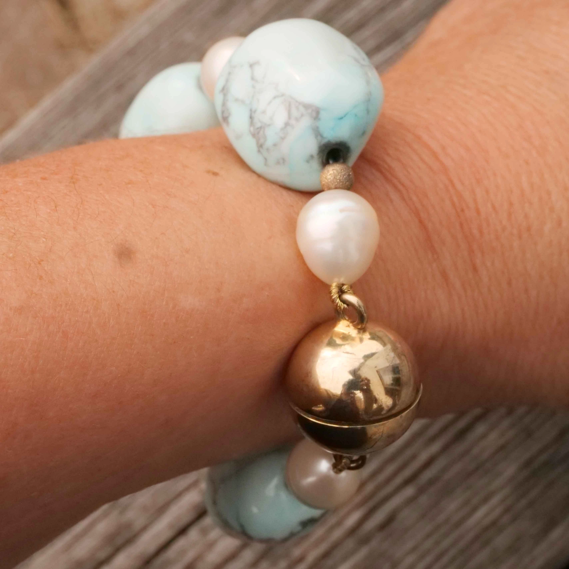 Howlith Zuchtperl Barock Kette/Armband  total 77 cm Länge 925 Silber Magnetschliessen