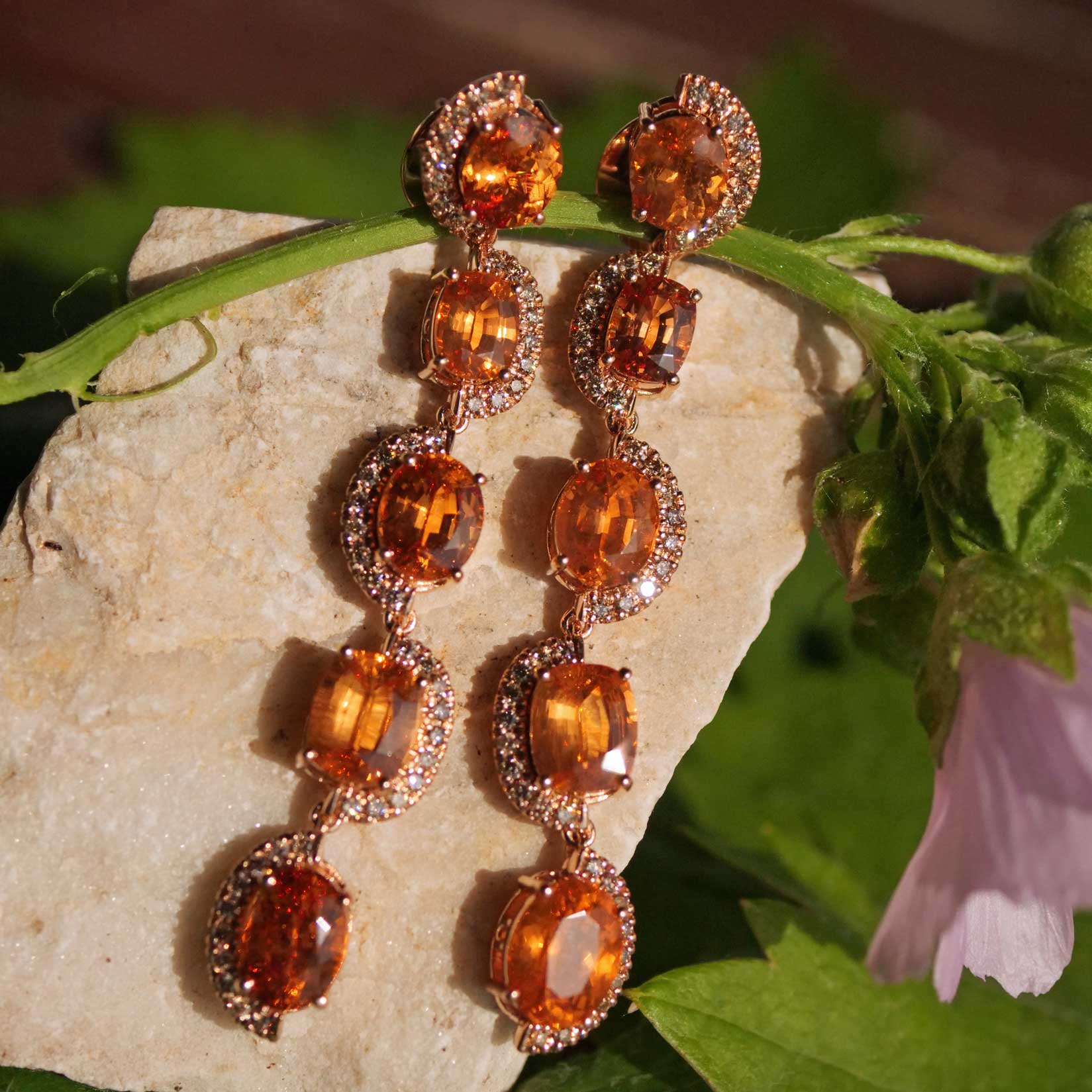 Seltene Mandarin Granat Brillant Chandelier Ohrhänger  750er Rosegold 14.85 ct 0.76 ct Ausnahmefarbe Fanta Orange 