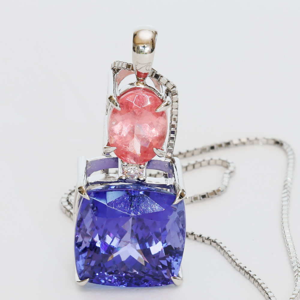 FARBENWUNDER Tansanit Rhodochrosit Anhänger m. Kette 10.6 und 1.84 ct AAA+ 900er Platin
