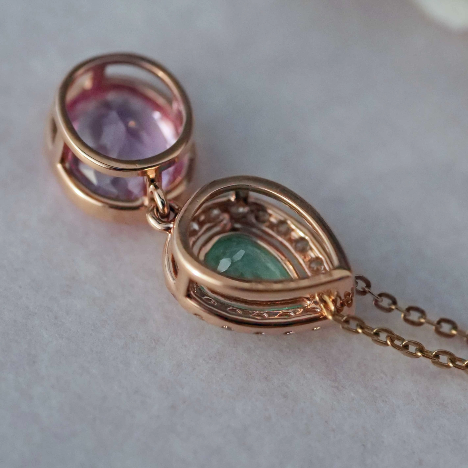 Paraiba Turmalin Spinell Brillant Anhänger 750er Rosegold Traumfarben Kombination Pink Blau-Grün
