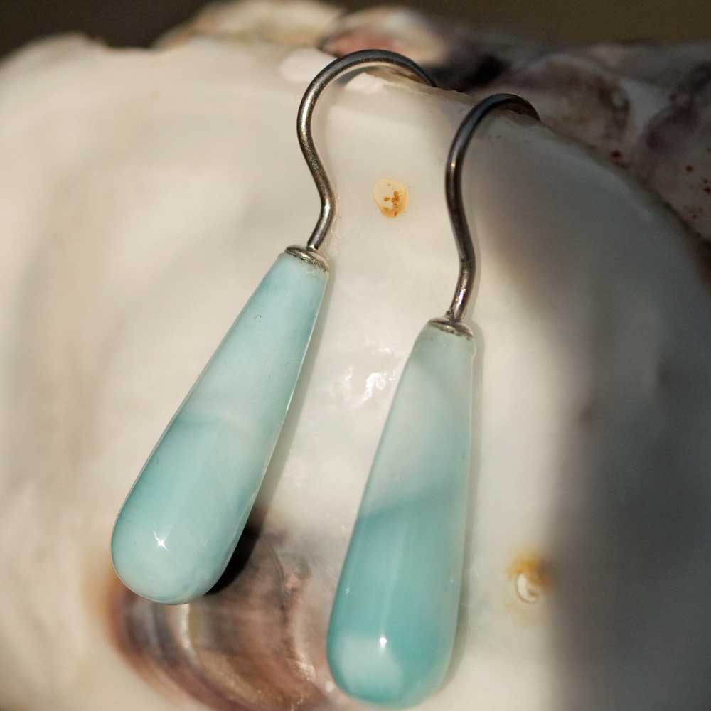 Larimar Pampel Ohrhänger mit großen Ohrhaken 585er Gold rhodiniert 36,5 x 7 mm