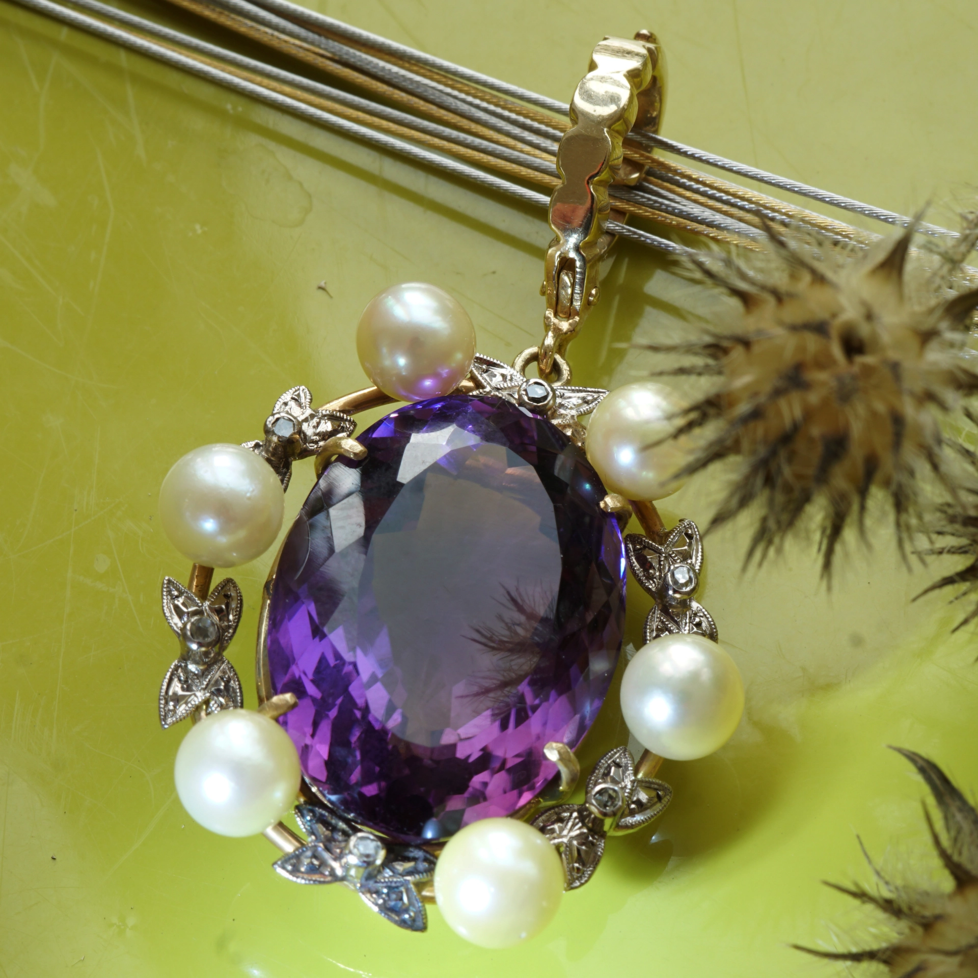 Akoya Zuchtperl Amethyst Diamant Anhänger Clip 585er Gelbgold Retro Stil TOP Amethyst