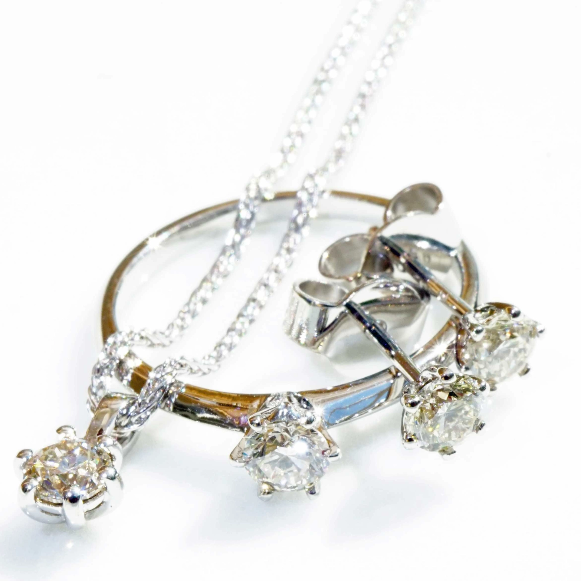 Brillant Ring Anhänger Ohrstecker 750er Weissgold Set 1.20 ct Getönt VS Silhouette Schmuck
