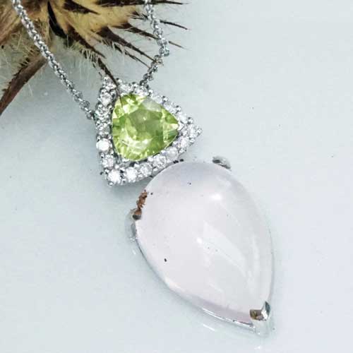 Rosenquarz Peridot Brilliant Anhänger mit Kette 5 ct 0.60 ct 0.15 ct 750er Weissgold..sanfte Pastell