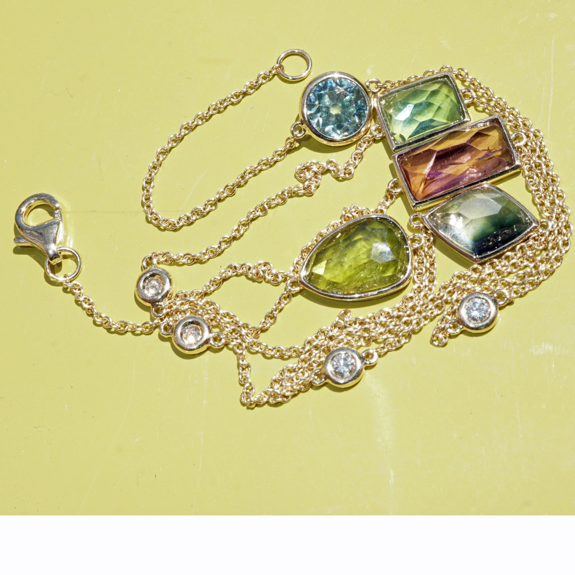 Turmalin Zirkon Brillant Collier 585er Gelbgold Confetti Style....9.50 ct und 0.20 ct TW VS