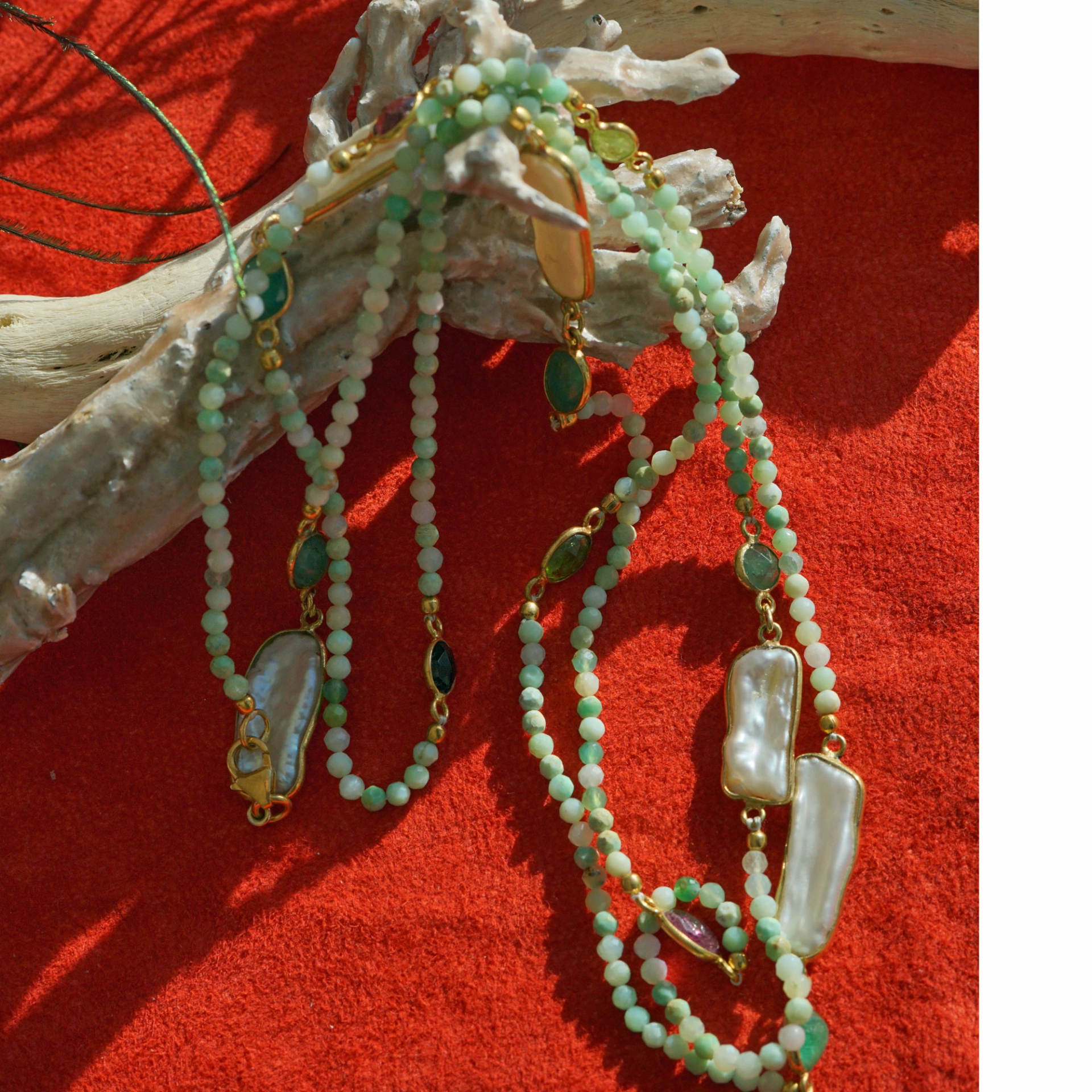 Turmalin Smaragd Biwaperl Kette 90 cm lang Silber vergoldet Karabinerschliesse COOL