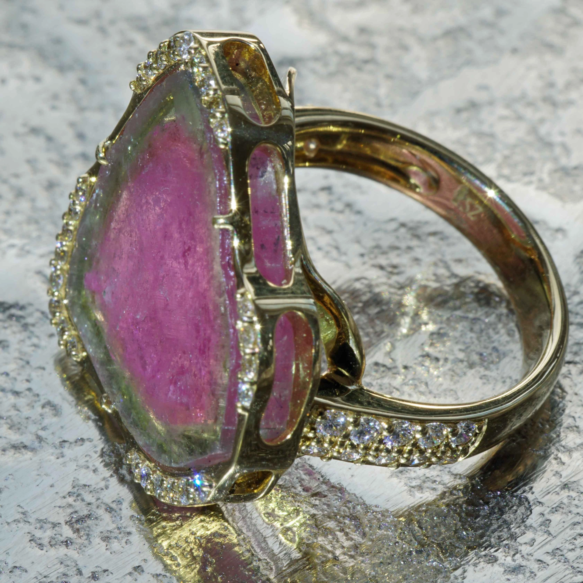 Turmalin Brillant 30 ct Wassermelonen Set Ring Anhänger Ohrhänger 750er Gelbgold