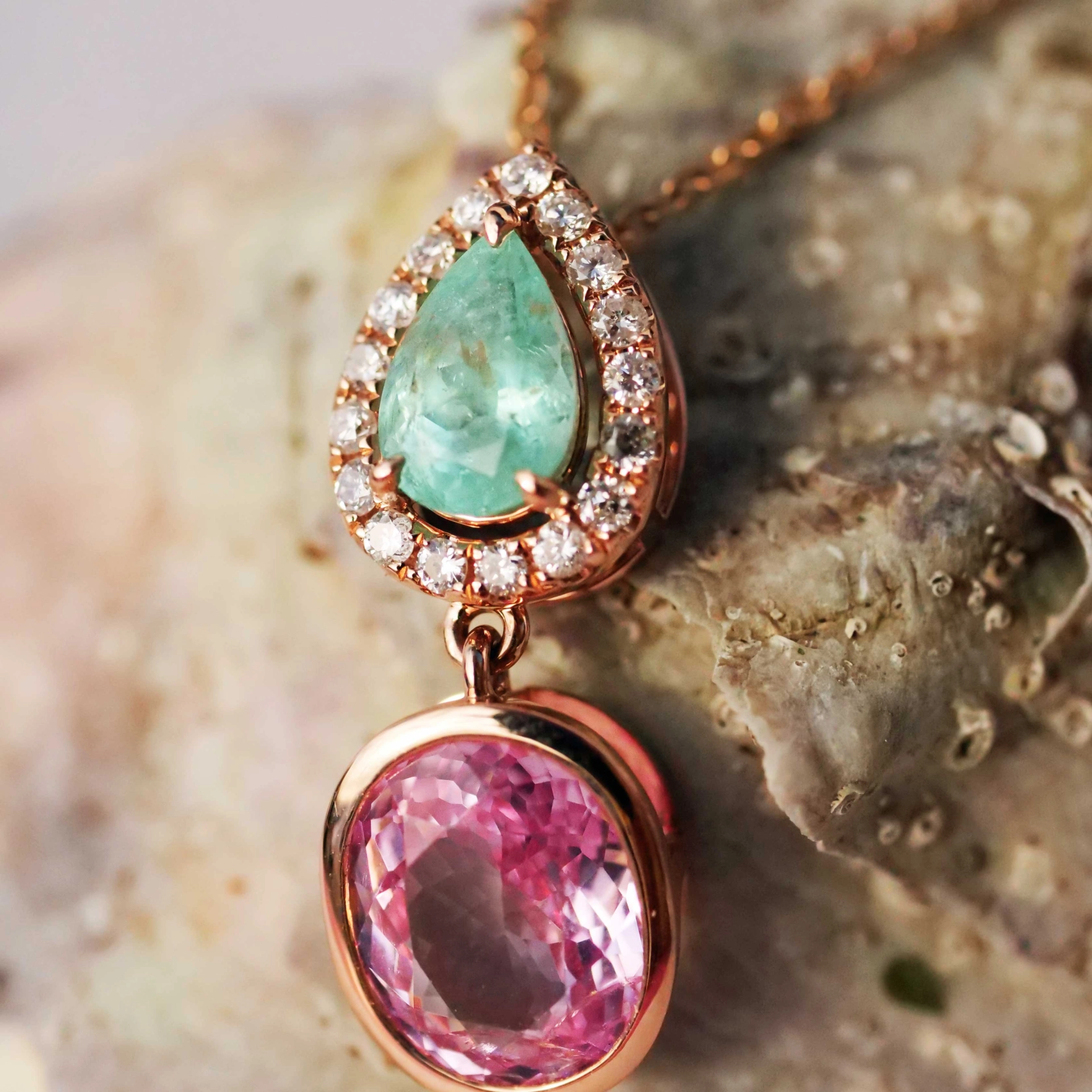Paraiba Turmalin Spinell Brillant Anhänger 750er Rosegold Traumfarben Kombination Pink Blau-Grün