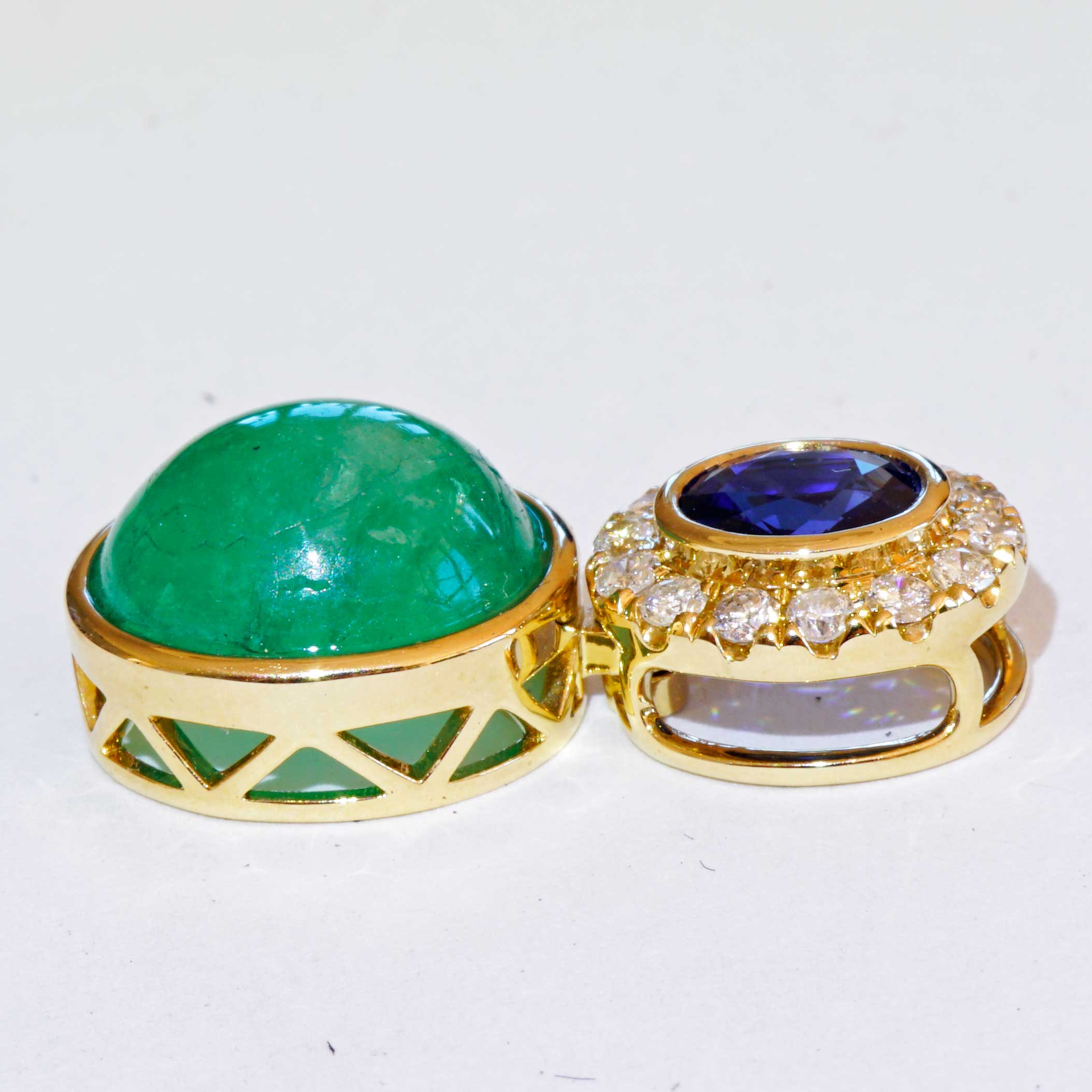 Saphir Smaragd Brillant Anhänger 750er Gelbgold blau-grün.....Farbengewaltig! 4.16 ct und 0.77 ct