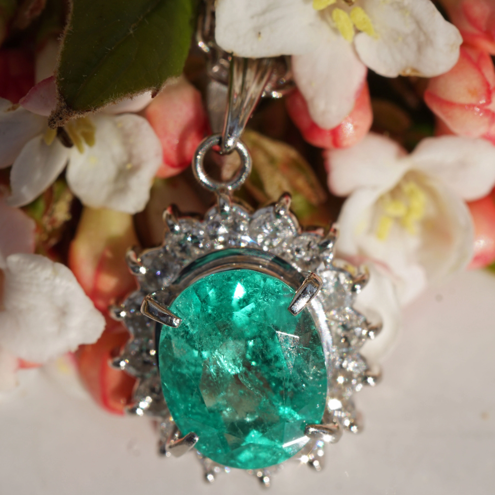 Smaragd Brillant Anhänger m. Kette 1.74 ct 0.50 ct AAA+ 900er Platin Kolumbien