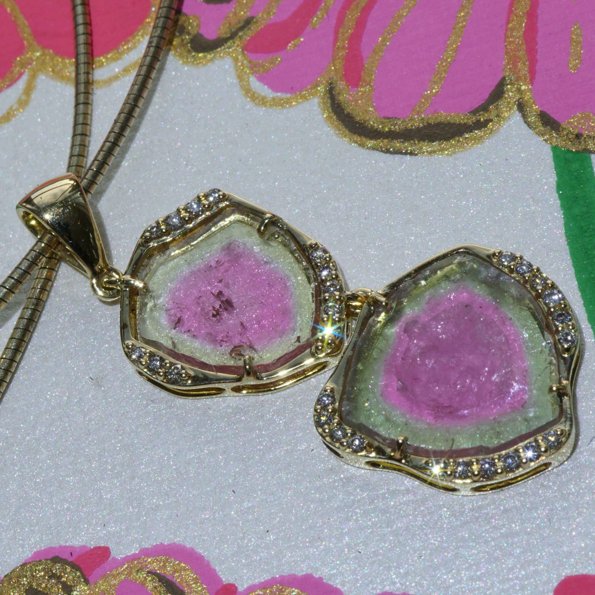 Turmalin Brillant 30 ct Wassermelonen Set Ring Anhänger Ohrhänger 750er Gelbgold