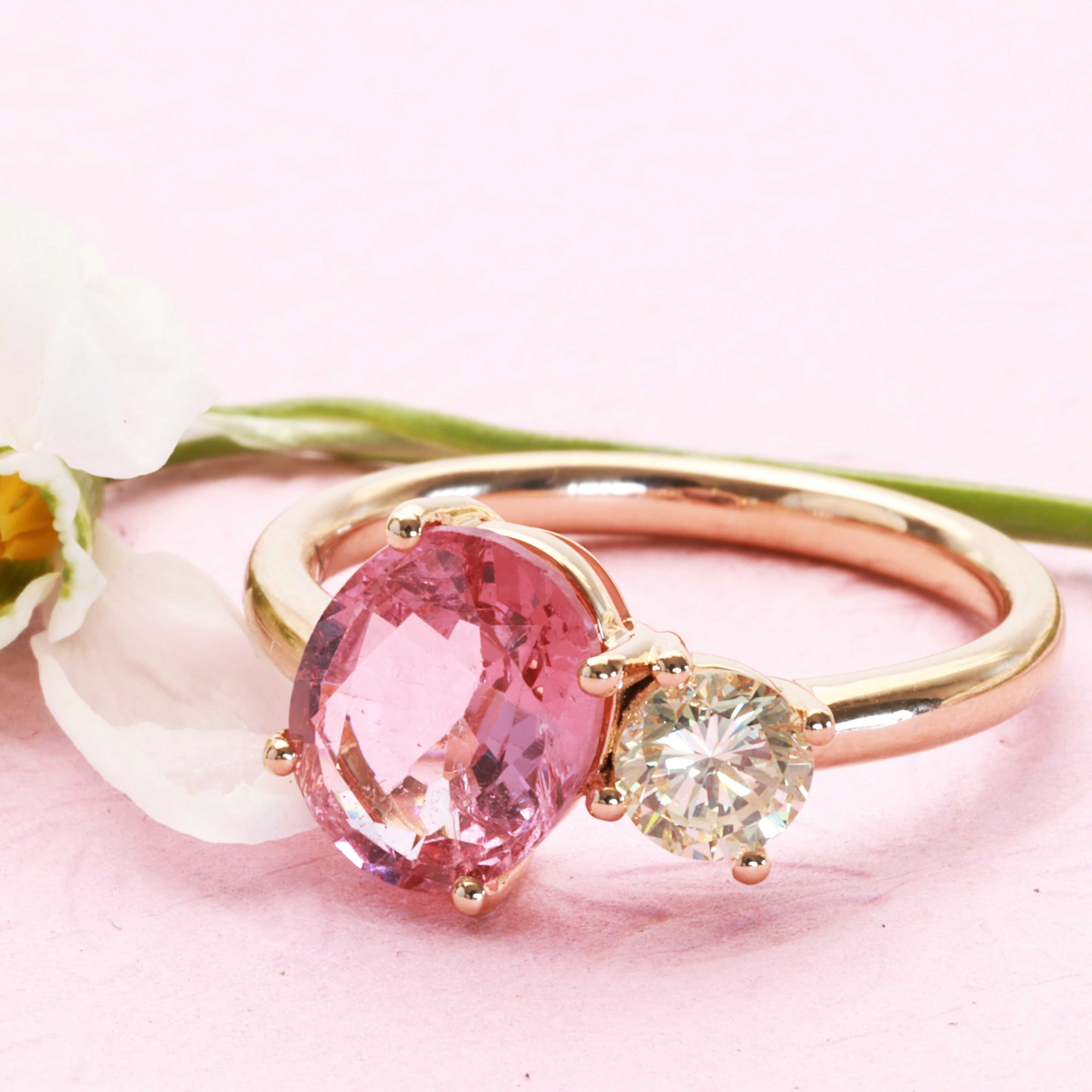 Rosa Spinell Brillant Toi et Moi Ring 750er Rosegold 2.30 0.41 ct zum Kombinieren als Steckring  ideal oder einzeln