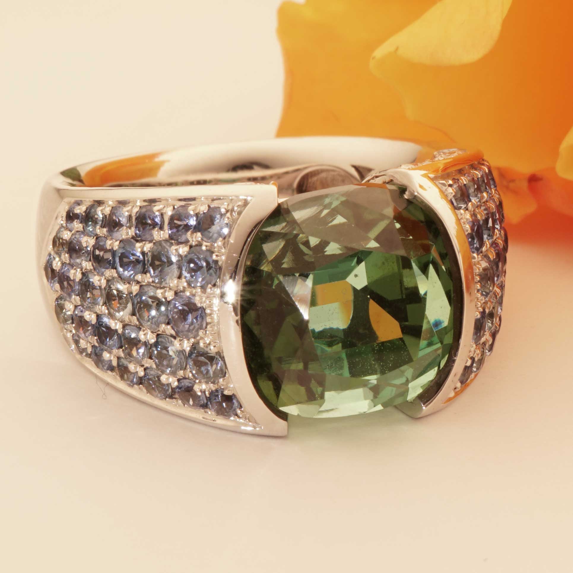 Lagoon Green Turmalin Saphir Brillant Ring 750er Weissgold Afghanistan 12.56 ct AAA+