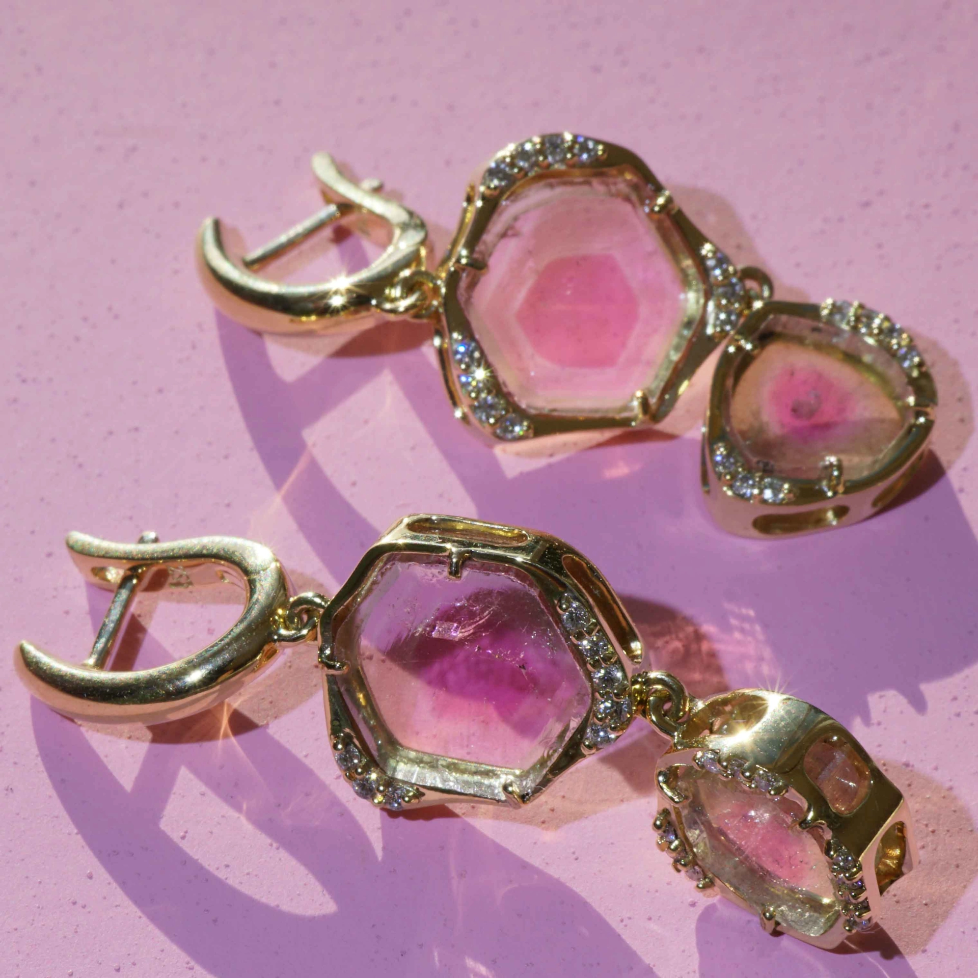 Turmalin Brillant 30 ct Wassermelonen Set Ring Anhänger Ohrhänger 750er Gelbgold