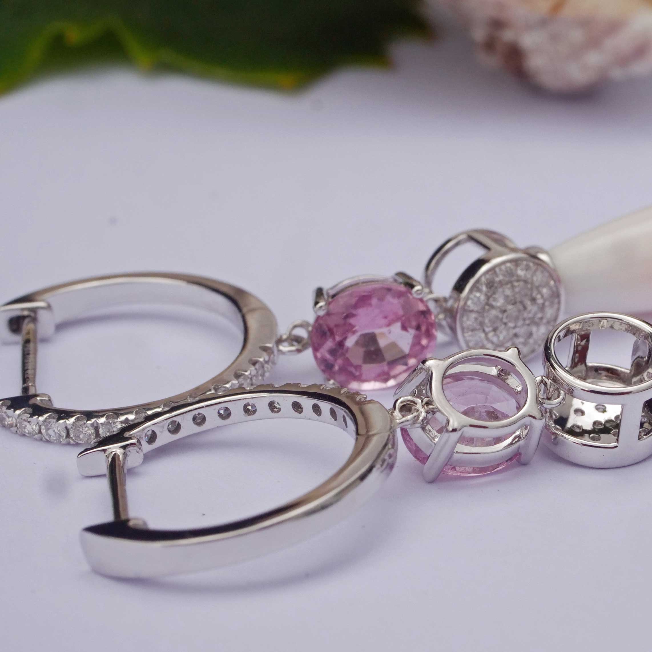 Spinell Brillant Perlmut Ohrhänger 750er Weissgold 0.47 ct TW VS Mine Tadschikistan 2.15 ct tolles Pink