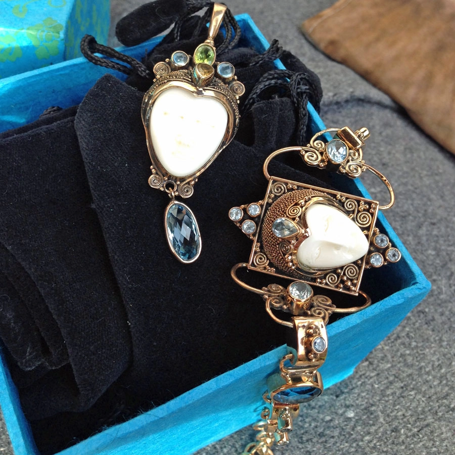 Armband und Anhänger, Beschützer und Wächter, Bein, Topas,Citrin,Peridot, Silber/rosevergoldet