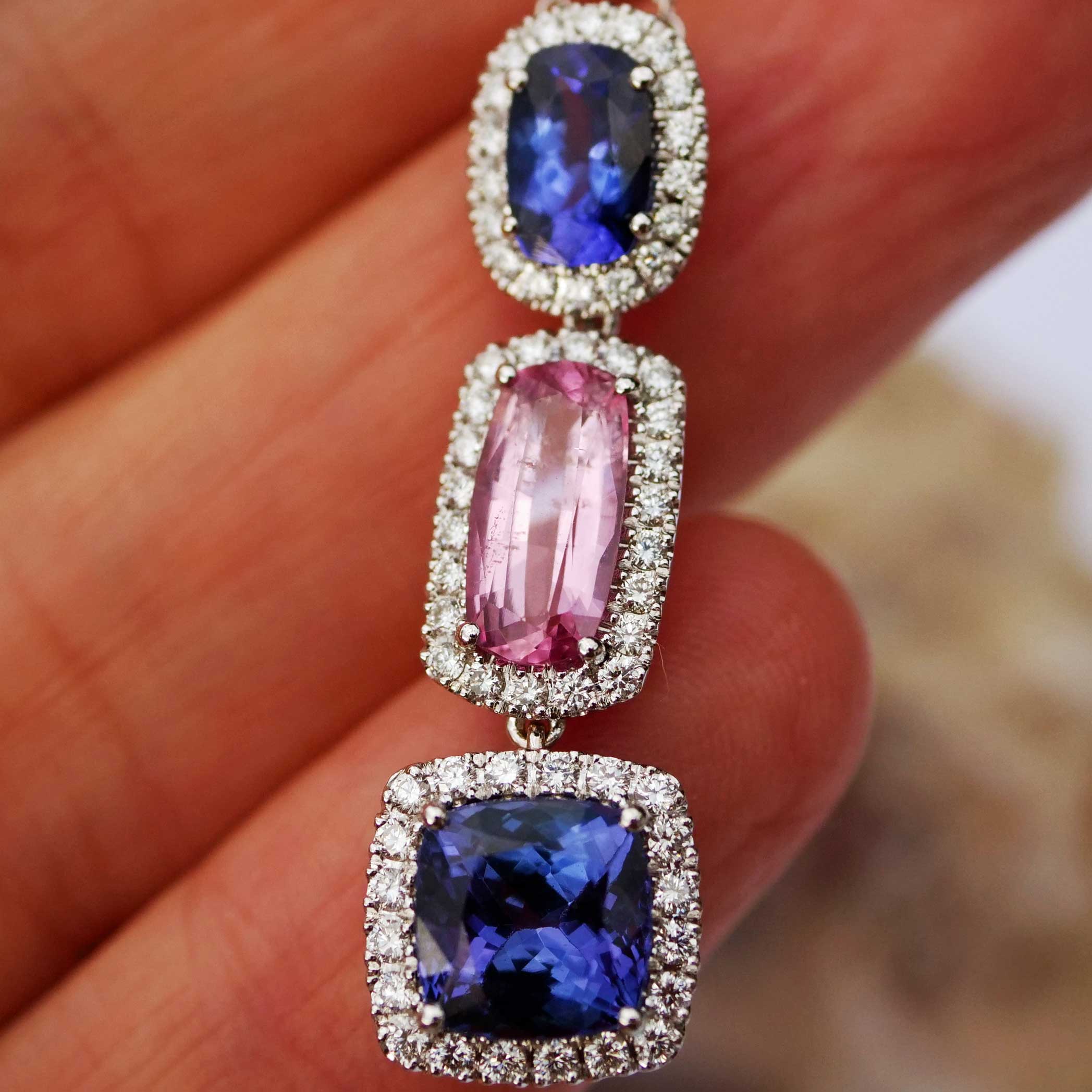 Tansanit Spinell Brillant Anhänger m. Kette 750er Weissgold 6 ct 0.70 AAA+ Blaulilie und Traumrosa