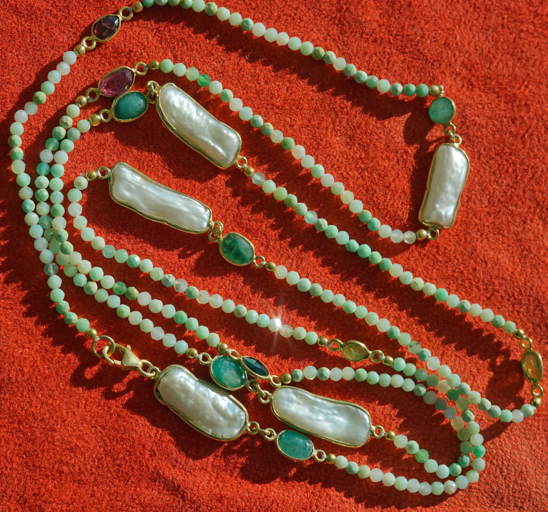 Turmalin Smaragd Biwaperl Kette 90 cm lang Silber vergoldet Karabinerschliesse COOL