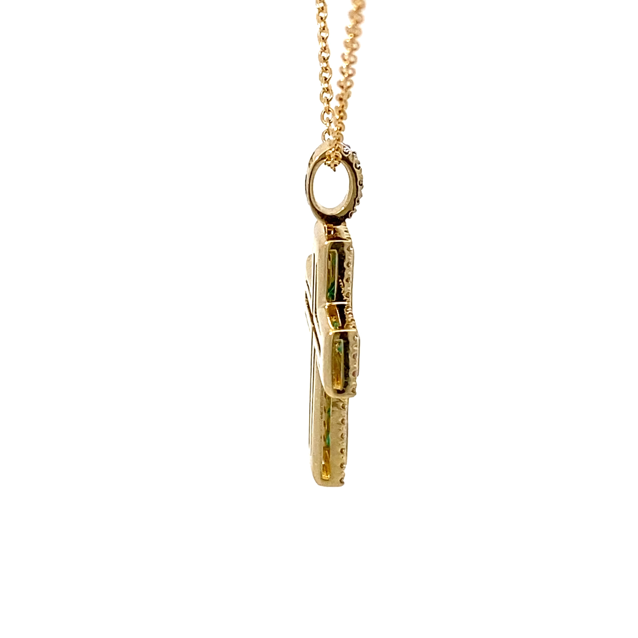 Leuchtend grünes AAA+ Panshir Smaragd Brillant Kreuz mit Kette in 750er Gelbgold - 0.98 ct 0.38 ct TW VS