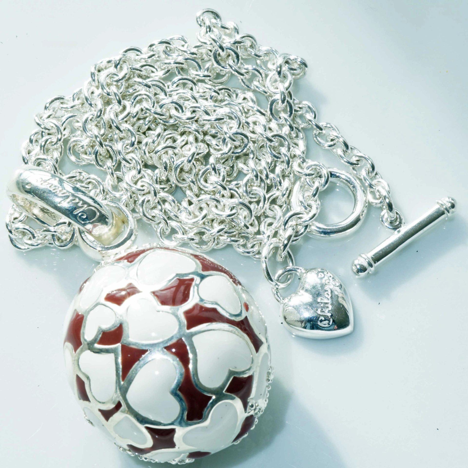 Original Chilango Anhänger im Stil Faberge Emaille Heart rot-braun 925er Silber mit Steinbesatz