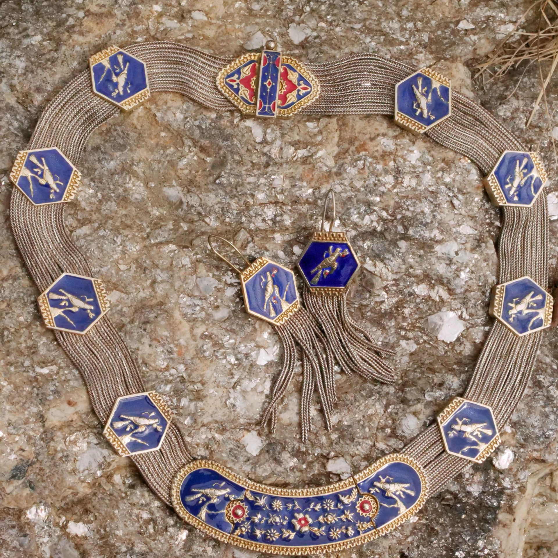 Florales Silber Emaille Collier mit passenden Ohrhängern...sehr dekorativ mit kleinen Vögelchen