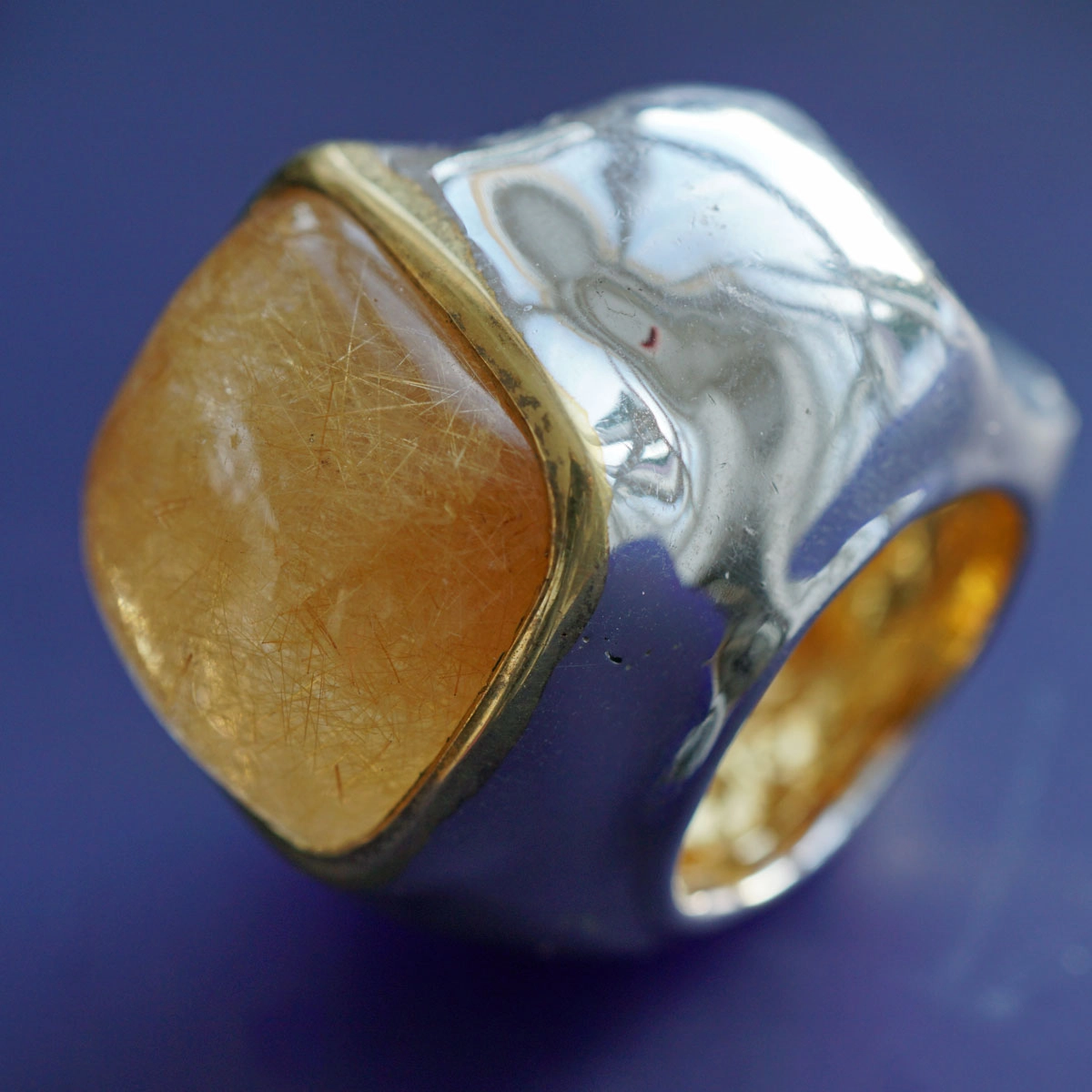 Rutilquarz Ring 35 x 21 mm Unikat XXL Ring zum Verlieben Silber vergoldet rhodiniert