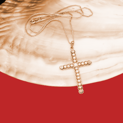 Antikschmuck Kreuz Perl Brillant Anhänger mit Kette 585er Weissgold Gelbgold um 1900