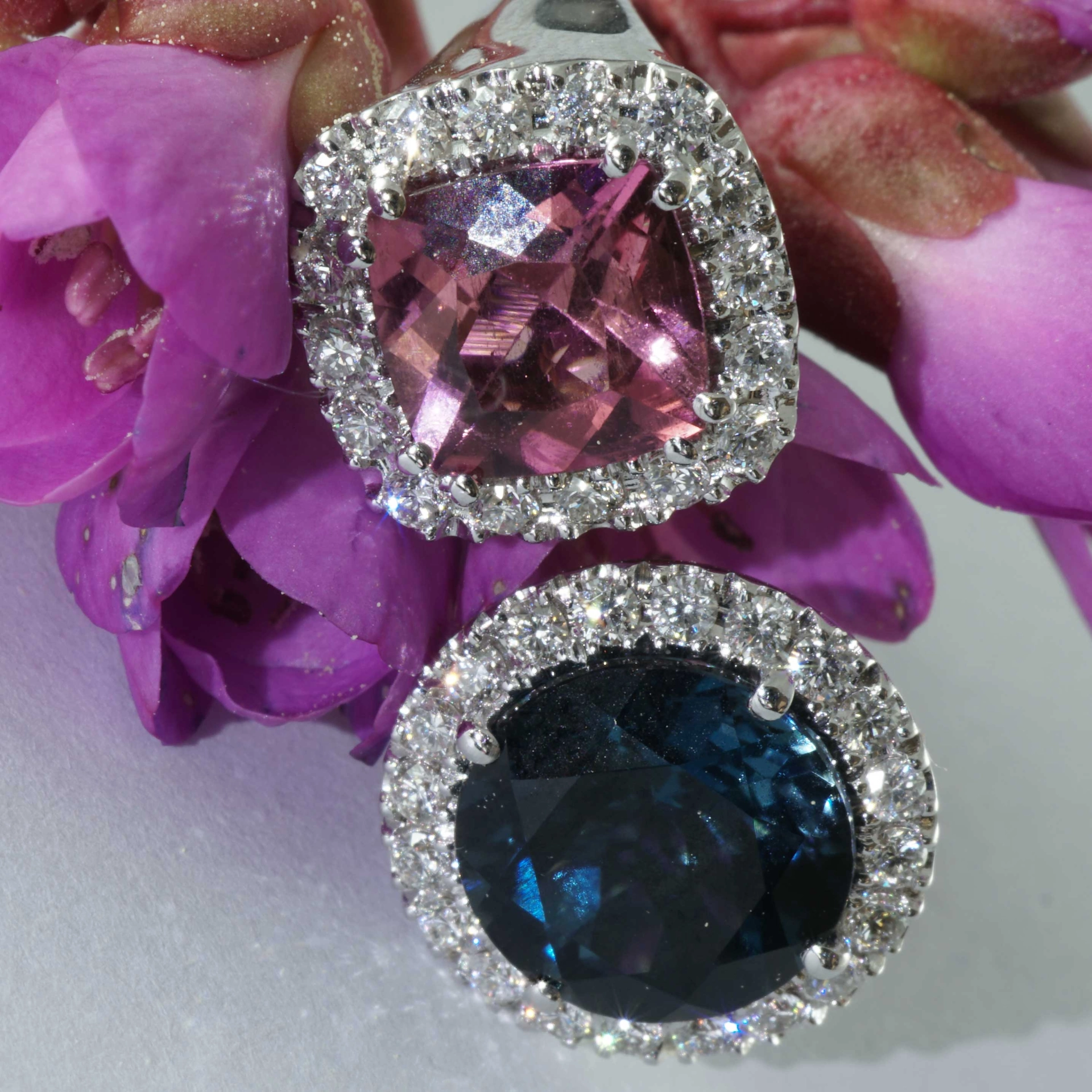 Rosa Turmalin Blautopas Brillant Ring 750er Weissgold 1.41 ct 3.38 ct 0.56 ct...Zwillingsring