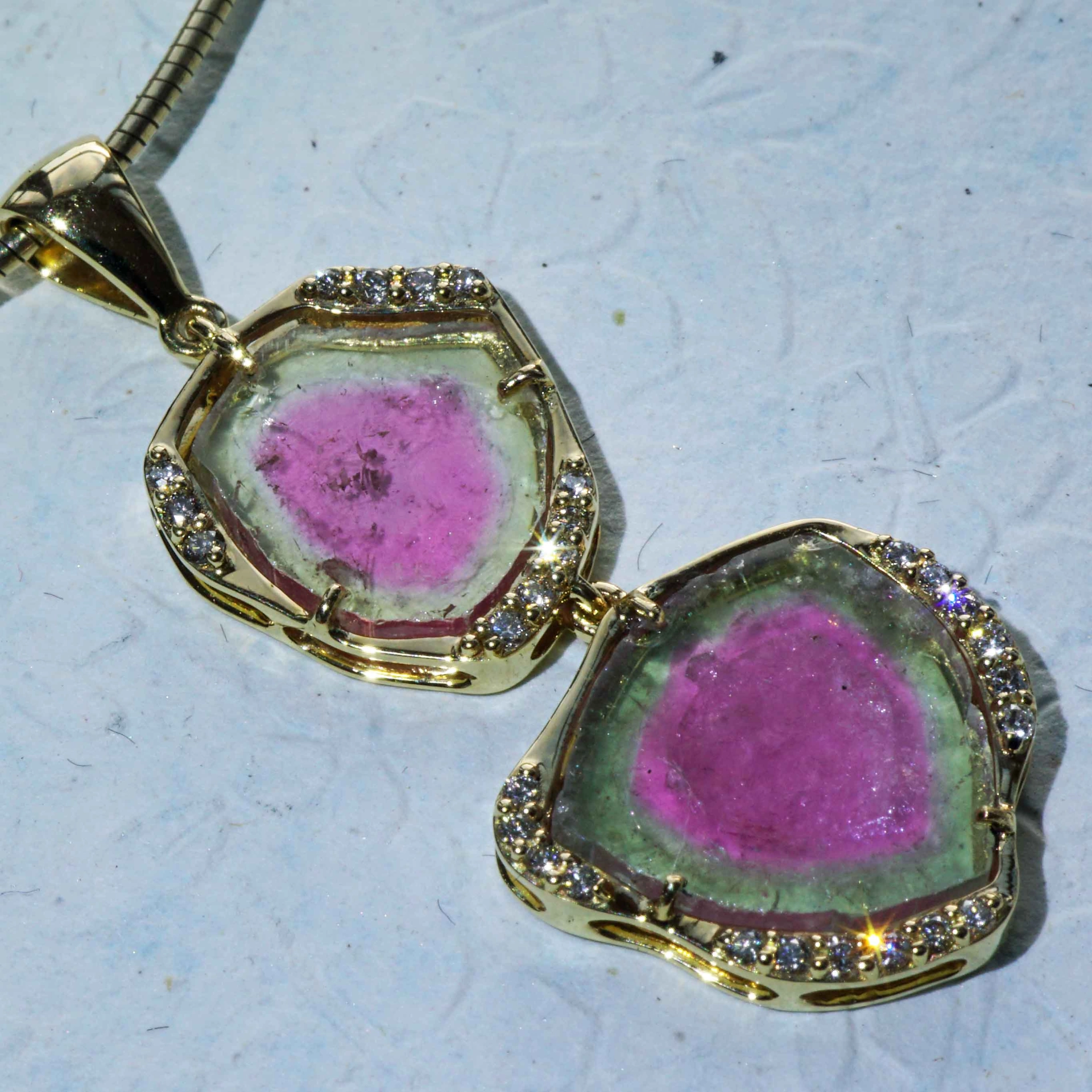Turmalin Brillant 30 ct Wassermelonen Set Ring Anhänger Ohrhänger 750er Gelbgold