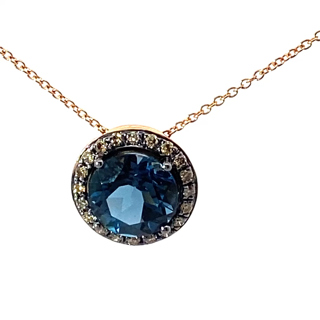 Blautopas Brillant Anhänger mit Kette 750er Rosegold schwarz rhodiniert 3.16 ct 0.21 ct STAHLGRAU BLAU COOL 