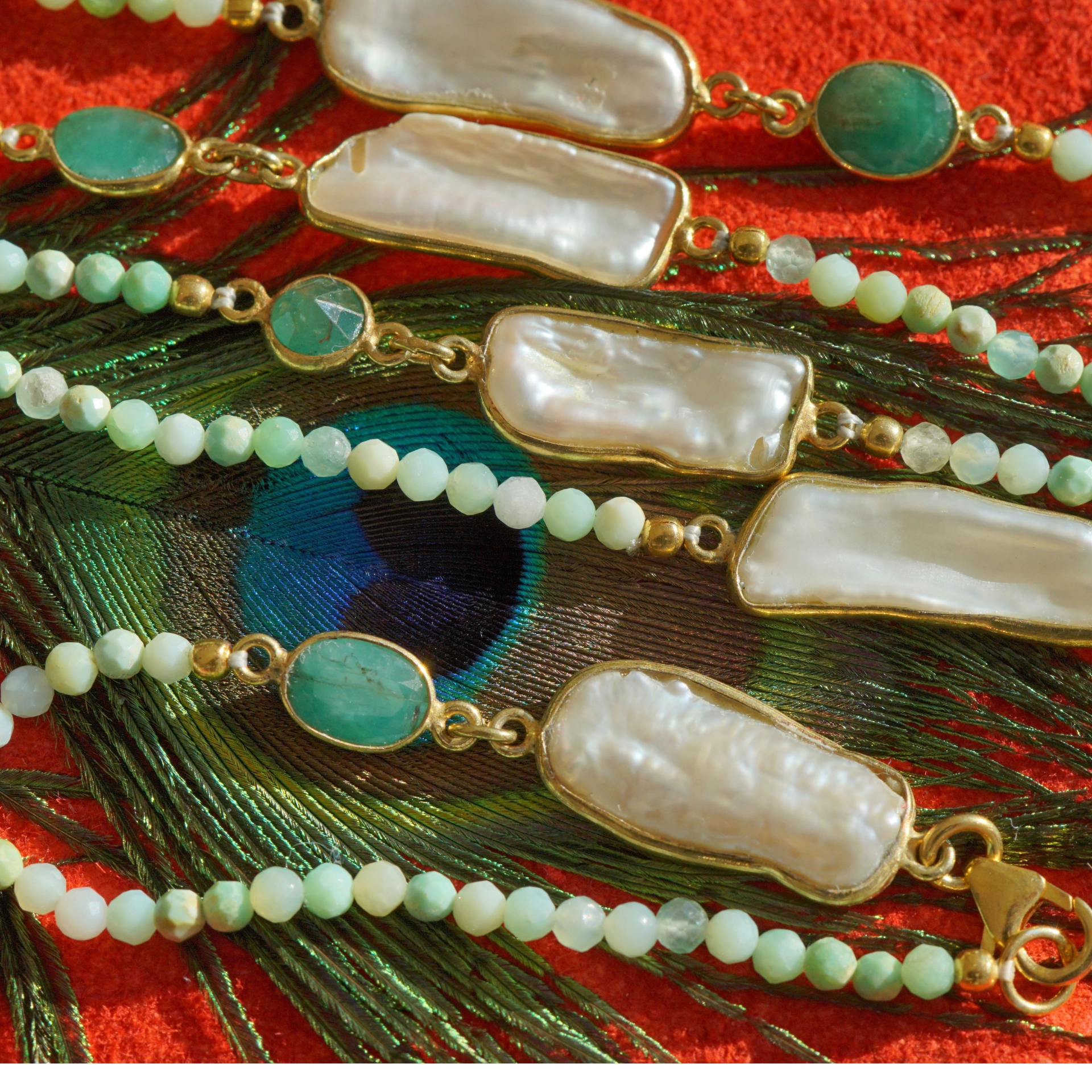 Turmalin Smaragd Biwaperl Kette 90 cm lang Silber vergoldet Karabinerschliesse COOL